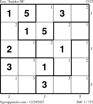 The grouppuzzles.com Easy Sudoku-5B puzzle for Monday December 29, 2025 with all 3 steps marked