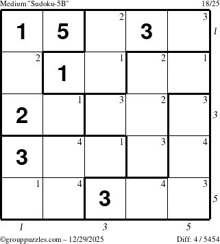 The grouppuzzles.com Medium Sudoku-5B puzzle for Monday December 29, 2025, suitable for printing, with all 4 steps marked