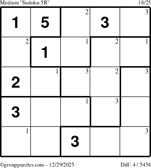 The grouppuzzles.com Medium Sudoku-5B puzzle for Monday December 29, 2025 with the first 3 steps marked