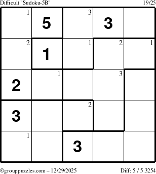 The grouppuzzles.com Difficult Sudoku-5B puzzle for Monday December 29, 2025 with the first 3 steps marked