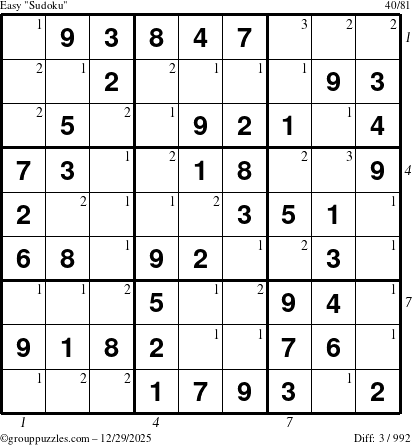 The grouppuzzles.com Easy Sudoku puzzle for Monday December 29, 2025, suitable for printing, with all 3 steps marked