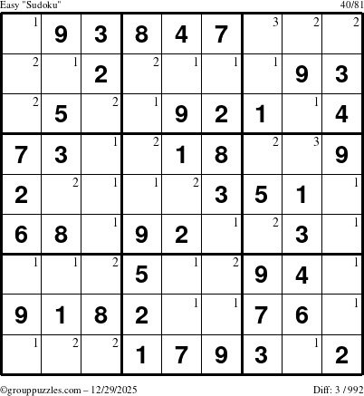 The grouppuzzles.com Easy Sudoku puzzle for Monday December 29, 2025 with the first 3 steps marked