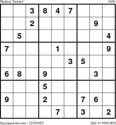 The grouppuzzles.com Medium Sudoku puzzle for Monday December 29, 2025