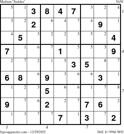 The grouppuzzles.com Medium Sudoku puzzle for Monday December 29, 2025, suitable for printing, with all 8 steps marked