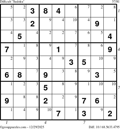 The grouppuzzles.com Difficult Sudoku puzzle for Monday December 29, 2025, suitable for printing, with all 10 steps marked
