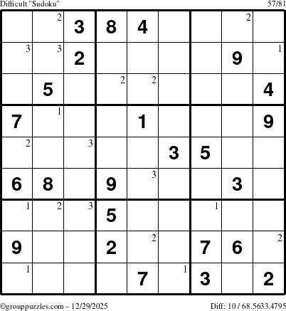 The grouppuzzles.com Difficult Sudoku puzzle for Monday December 29, 2025 with the first 3 steps marked