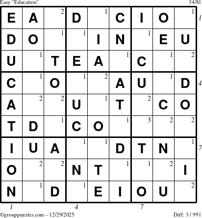 The grouppuzzles.com Easy Education-c1 puzzle for Monday December 29, 2025 with all 3 steps marked