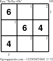 The grouppuzzles.com Easy TicTac-456 puzzle for Monday December 29, 2025, suitable for printing, with all 2 steps marked
