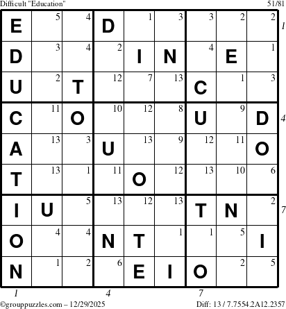 The grouppuzzles.com Difficult Education-c1 puzzle for Monday December 29, 2025, suitable for printing, with all 13 steps marked