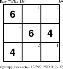 The grouppuzzles.com Easy TicTac-456 puzzle for Monday December 29, 2025 with the first 2 steps marked