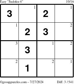 The grouppuzzles.com Easy Sudoku-4 puzzle for Saturday July 27, 2024 with the first 3 steps marked