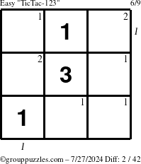 The grouppuzzles.com Easy TicTac-123 puzzle for Saturday July 27, 2024 with all 2 steps marked