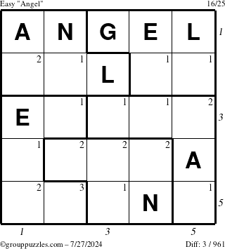 The grouppuzzles.com Easy Angel puzzle for Saturday July 27, 2024 with all 3 steps marked