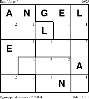 The grouppuzzles.com Easy Angel puzzle for Saturday July 27, 2024 with the first 3 steps marked