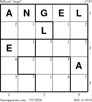 The grouppuzzles.com Difficult Angel puzzle for Saturday July 27, 2024 with all 4 steps marked