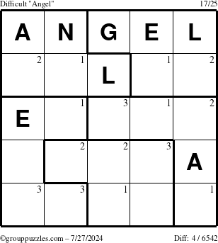 The grouppuzzles.com Difficult Angel puzzle for Saturday July 27, 2024 with the first 3 steps marked