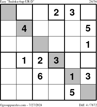 The grouppuzzles.com Easy Sudoku-6up-UR-D puzzle for Saturday July 27, 2024