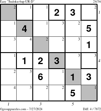 The grouppuzzles.com Easy Sudoku-6up-UR-D puzzle for Saturday July 27, 2024 with all 4 steps marked