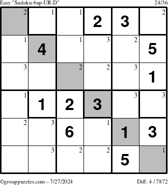 The grouppuzzles.com Easy Sudoku-6up-UR-D puzzle for Saturday July 27, 2024 with the first 3 steps marked