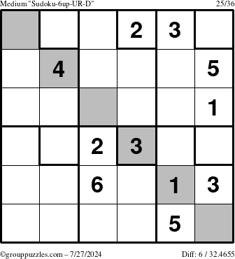 The grouppuzzles.com Medium Sudoku-6up-UR-D puzzle for Saturday July 27, 2024