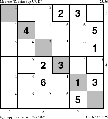 The grouppuzzles.com Medium Sudoku-6up-UR-D puzzle for Saturday July 27, 2024 with all 6 steps marked