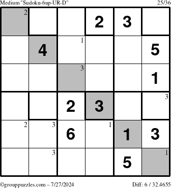 The grouppuzzles.com Medium Sudoku-6up-UR-D puzzle for Saturday July 27, 2024 with the first 3 steps marked