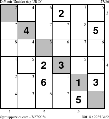 The grouppuzzles.com Difficult Sudoku-6up-UR-D puzzle for Saturday July 27, 2024 with all 8 steps marked