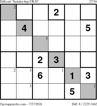 The grouppuzzles.com Difficult Sudoku-6up-UR-D puzzle for Saturday July 27, 2024 with the first 3 steps marked