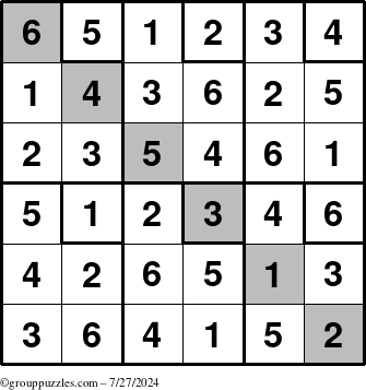 The grouppuzzles.com Answer grid for the Sudoku-6up-UR-D puzzle for Saturday July 27, 2024