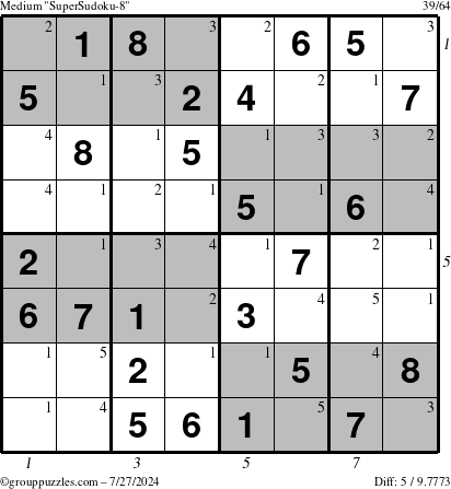 The grouppuzzles.com Medium SuperSudoku-8 puzzle for Saturday July 27, 2024, suitable for printing, with all 5 steps marked