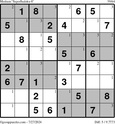 The grouppuzzles.com Medium SuperSudoku-8 puzzle for Saturday July 27, 2024 with the first 3 steps marked