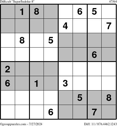 The grouppuzzles.com Difficult SuperSudoku-8 puzzle for Saturday July 27, 2024