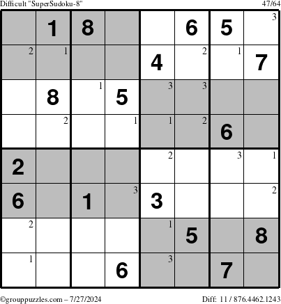 The grouppuzzles.com Difficult SuperSudoku-8 puzzle for Saturday July 27, 2024 with the first 3 steps marked