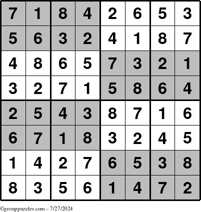 The grouppuzzles.com Answer grid for the SuperSudoku-8 puzzle for Saturday July 27, 2024