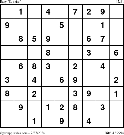 The grouppuzzles.com Easy Sudoku puzzle for Saturday July 27, 2024