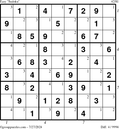 The grouppuzzles.com Easy Sudoku puzzle for Saturday July 27, 2024 with all 4 steps marked