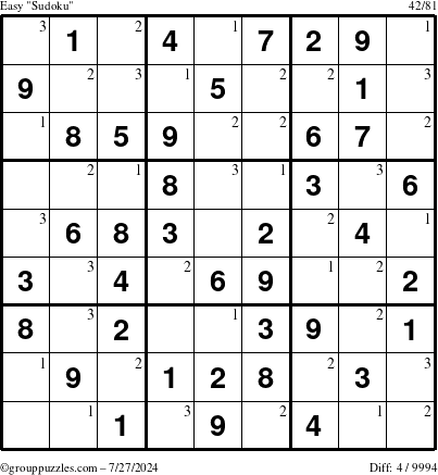 The grouppuzzles.com Easy Sudoku puzzle for Saturday July 27, 2024 with the first 3 steps marked