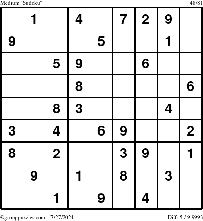 The grouppuzzles.com Medium Sudoku puzzle for Saturday July 27, 2024