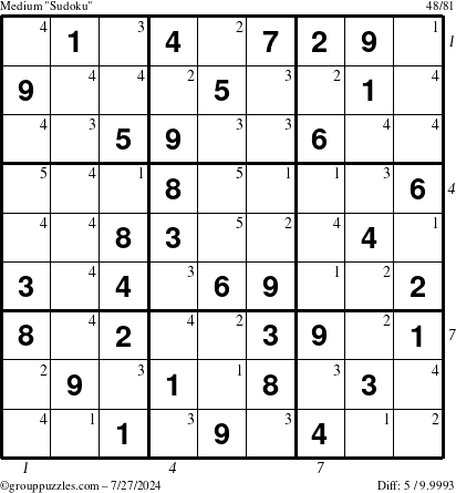 The grouppuzzles.com Medium Sudoku puzzle for Saturday July 27, 2024, suitable for printing, with all 5 steps marked