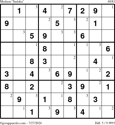 The grouppuzzles.com Medium Sudoku puzzle for Saturday July 27, 2024 with the first 3 steps marked