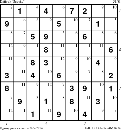 The grouppuzzles.com Difficult Sudoku puzzle for Saturday July 27, 2024 with all 12 steps marked