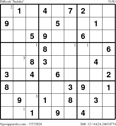 The grouppuzzles.com Difficult Sudoku puzzle for Saturday July 27, 2024 with the first 3 steps marked