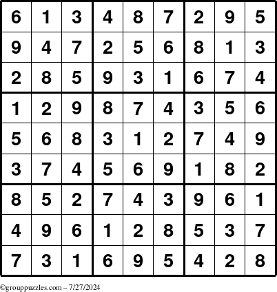 The grouppuzzles.com Answer grid for the Sudoku puzzle for Saturday July 27, 2024