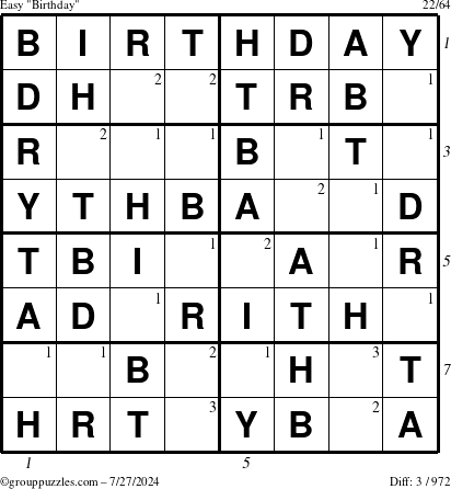 The grouppuzzles.com Easy Birthday puzzle for Saturday July 27, 2024 with all 3 steps marked