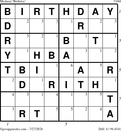 The grouppuzzles.com Medium Birthday puzzle for Saturday July 27, 2024 with all 6 steps marked