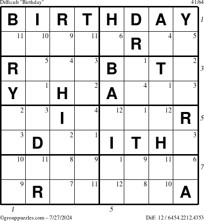 The grouppuzzles.com Difficult Birthday puzzle for Saturday July 27, 2024 with all 12 steps marked