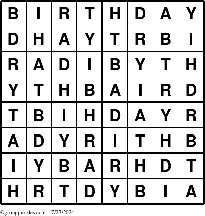 The grouppuzzles.com Answer grid for the Birthday puzzle for Saturday July 27, 2024