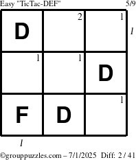 The grouppuzzles.com Easy TicTac-DEF puzzle for Tuesday July 1, 2025 with all 2 steps marked