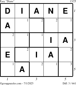 The grouppuzzles.com Easy Diane puzzle for Tuesday July 1, 2025 with all 3 steps marked