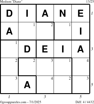 The grouppuzzles.com Medium Diane puzzle for Tuesday July 1, 2025 with all 4 steps marked